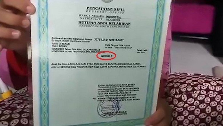 Indonesiassa vanhemmat antoivat nimen Googlen pojalle