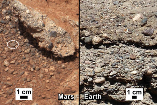 Kuivatun virran sänky Marsissa (vasen) ja maan päällä (oikealla) NASA / JPL-Caltech